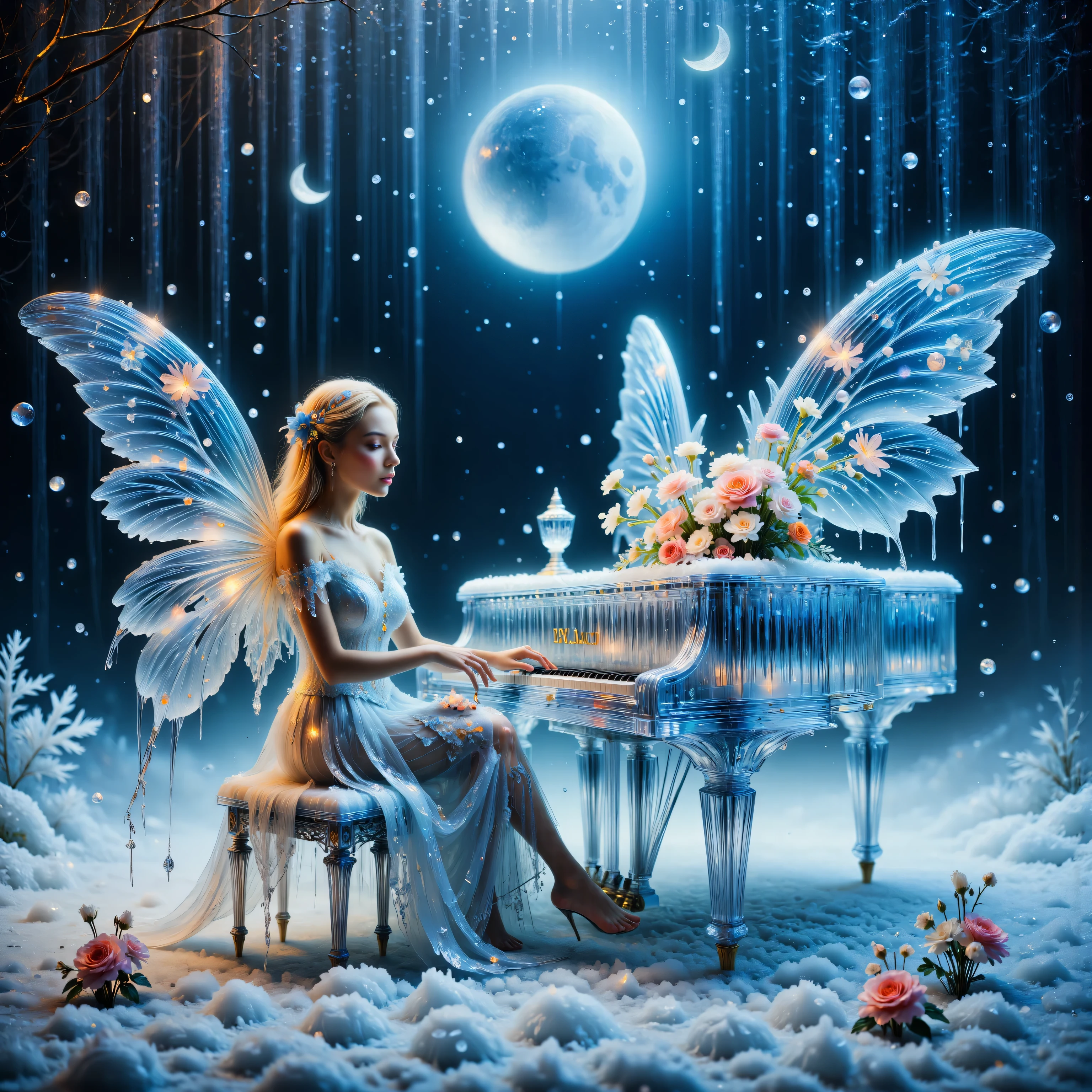 A breathtakingly beautiful, high-definition image of a young adult (circa 20 years old) fair-skinned woman with shoulder-length, flowing blonde hair and captivating brown eyes, possessing enormous, translucent, luminous wings like a moth, gracefully seated at a grand, lit, and luminous translucent grand piano. Her attire: a flowing, ethereal gown of shimmering, icy blue silk, adorned with delicate silver embroidery, mirroring the snowfall around her. She plays with an elegant, poised posture, her fingers dancing lightly across the ivory keys. Her expression is serene and slightly whimsical, eyes closed in concentration, conveying a sense of peaceful enchantment. The piano itself radiates a soft, inner light, casting a gentle glow upon the falling snow. A gigantic crescent moon hangs in the inky-black sky, partially obscured by swirling snowflakes. little bouquet of flowers on the piano. The scene is bathed in soft, cool light, creating a dreamy, magical atmosphere evocative of Art Nouveau and Symbolist styles. The perspective is a slightly elevated medium shot, focusing on the fairy and her interaction with the piano. The background showcases a heavily snow-laden landscape, the snow possessing a soft, feathery texture, contrasted against the smooth, luminous quality of the piano and the fairy's wings. The overall mood is serene, whimsical, and deeply magical, emphasizing tranquility and otherworldly beauty. The image emphasizes intricate details, capturing the delicate textures of the snow, the fairy’s wings, and the piano’s translucent surface.