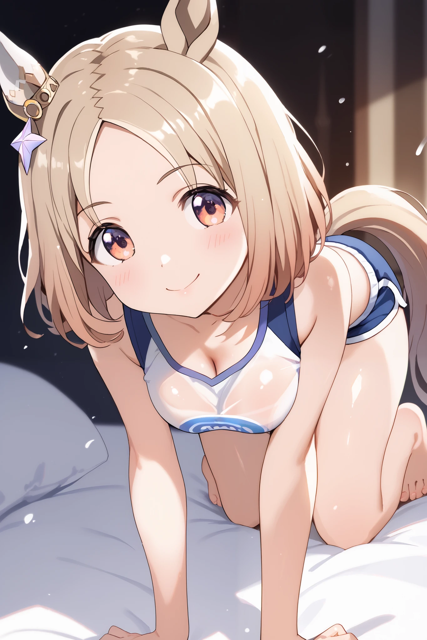 Narita, horse tail, short hair, animal ears, ear ornament, ear covers, single ear cover, 1 girl, Alone, anime style,cute girl,BEST QUALITY, super detailed, anime style,8k, high resolution, detailed images,((on all fours)),(room),(On a white bed),((smiles)),I'm dyeing my cheeks a little red,(( slightly larger breasts)),((I can see my cleavage)),((A green, large, loose sleeveless shirt with a loose chest)),((light blue micro mini dolphin shorts)),(bare feet),((The cleavage is visible)),(is facing here),Smooth, shiny skin,high image quality,high quality of wavy lines,(Close-up image from the front ),((character up image)),
