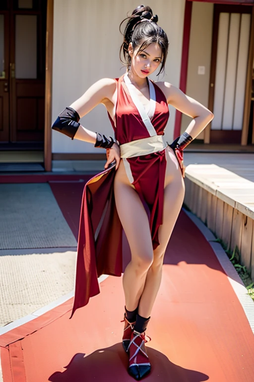 <lora:huowu_20:0.8>,face lighting,bright backlight,medium breasts,super high resolution,best quality,Photos,4k,(Realistic:1.2),huowu,1 girl,sexy,cosplay,Mai Shiranui (The King of Fighters),standing,legs apart,hand on hip,confident,looking to the side,expressive eyes,long flowing hair,red qipao dress with high slit,revealing neckline,(ample cleavage:1.2),slender waist,long legs,(thigh-high socks:1.3),high heels,fingerless gloves,fan accessory,fiery background,flames,dynamic pose.,((burning forest)), spark, light leaks, burning sky, flame, flames burning around, (flying sparks),