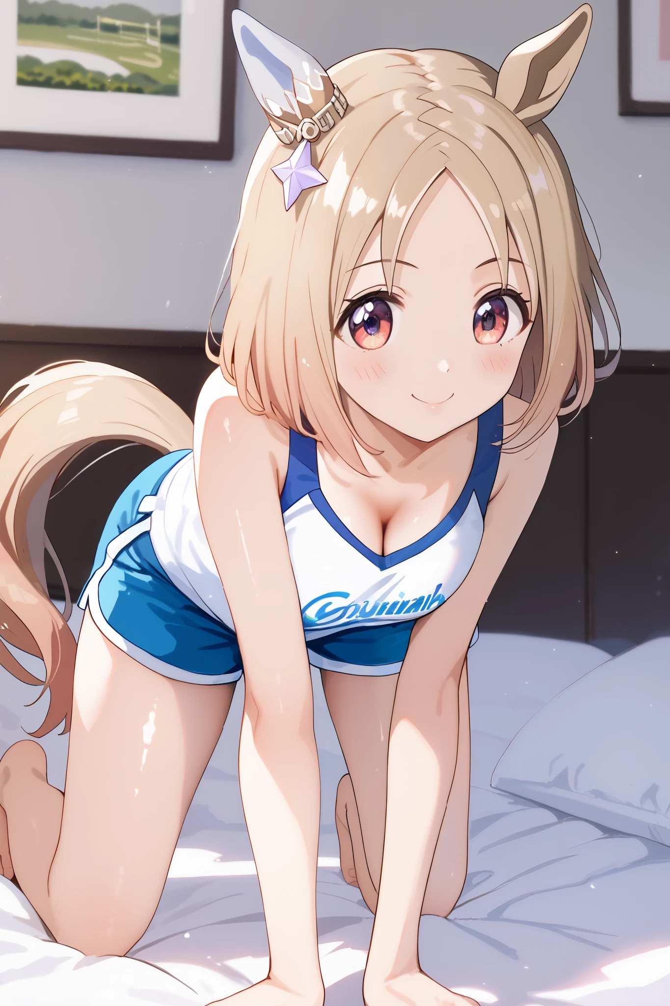 Narita, horse tail, short hair, animal ears, ear ornament, ear covers, single ear cover, 1 girl, Alone, anime style,cute girl,BEST QUALITY, super detailed, anime style,8k, high resolution, detailed images,((on all fours)),(room),(On a white bed),((smiles)),I'm dyeing my cheeks a little red,(( slightly larger breasts)),((I can see my cleavage)),((A green, large, loose sleeveless shirt with a loose chest)),((light blue micro mini dolphin shorts)),(bare feet),((The cleavage is visible)),(is facing here),Smooth, shiny skin,high image quality,high quality of wavy lines,(Close-up image from the front ),((character up image)),