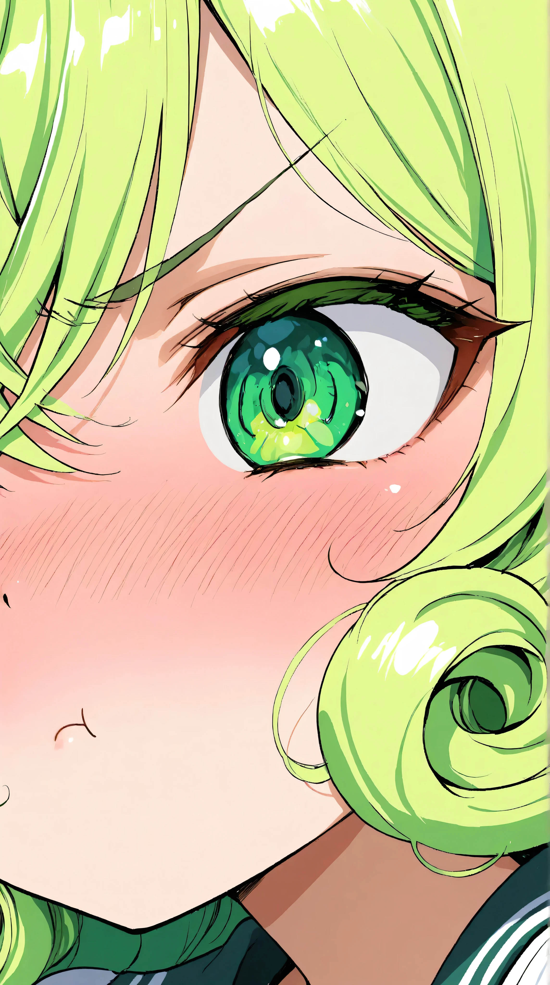 asian high school girl, focus on eyes, close up on face, pouting, wearing jewelry, apple green color hair styled Faux Hawk with Curly Hair, freckled face, slender, pale, shiny skin, anime, manga, heavy blushing, 

