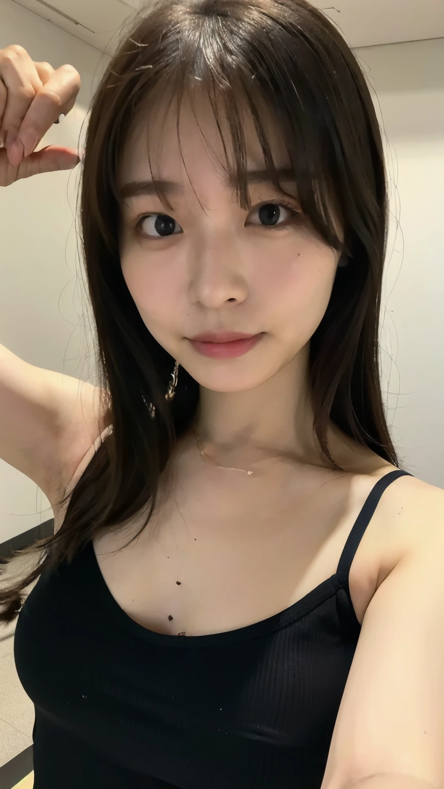 flat lighting, sharp focus, portrait, solo, captured with a iPhone15, 20 years old korean woman, perfect body, upper body,(((selfie pose))), gym, t-shirt, leggings, happy,(8k, RAW photo, best quality, masterpiece:1.2),(realistic, photo-realistic:1.4),(extremely detailed 8k wallpaper),