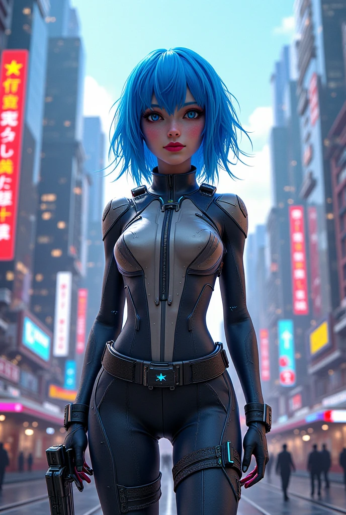 imagem do Besouro Azul, linda garota, a DC Comics comic book and a superhero character. She is a heroine in blue and black armor with shiny metallic details. His armor is inspired by a beetle, with stylized wings on the back and antennae on the head. Your costume has a modern and technological look, with streamlined lines and stylized symbols reminiscent of a beetle. Besouro Azul tem uma postura confiante e determinada. Ele tem uma aura heroica, com olhos brilhantes e expressivos, refletindo sua vontade de proteger o mundo dos perigos. He's in a position of action, como se estivesse prestes a enfrentar um desafio.A paisagem circundante pode ser uma cidade, with skyscrapers in the background, showing that the Blue Beetle is always ready to defend the innocent and fight crime. Add some dynamic elements, como efeitos de luz e sombra, To add more life and depth to the image.