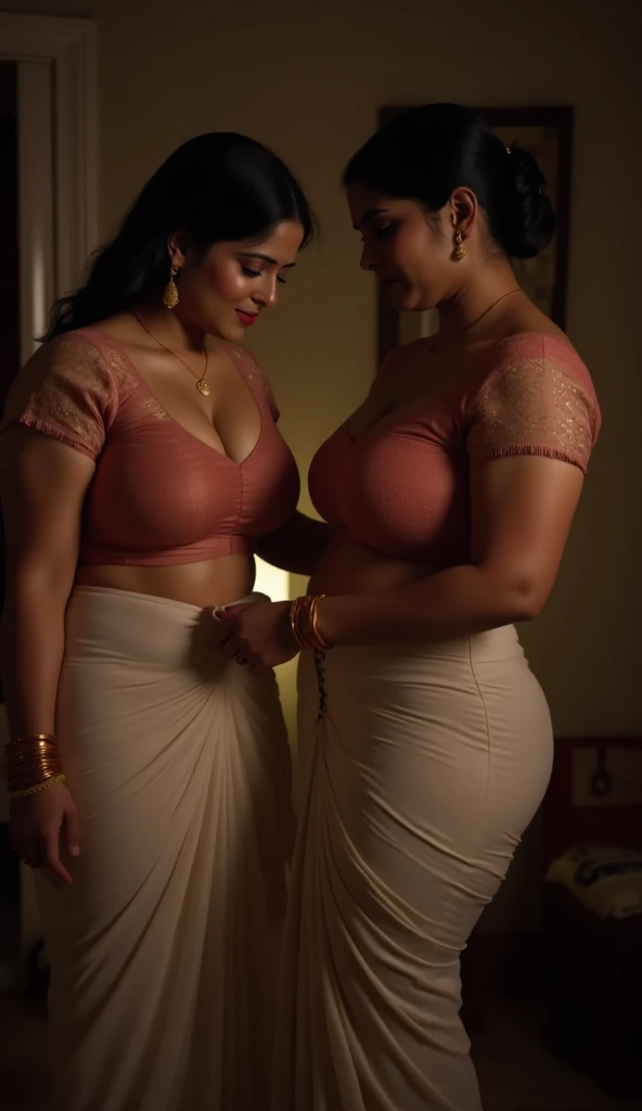 1woman with most curvy body big oppai and wide hips wearing pink saree(Saree model), seductive eyes, sexy, bucku kiss, with short boy, milf, love hotel, big booty, looking at another, mother-son