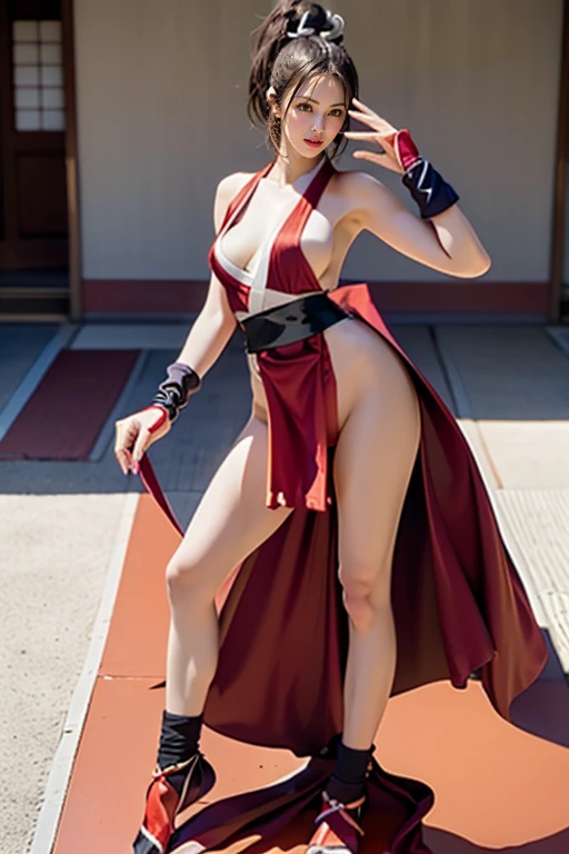 masterpiece, best quality, highres, (photorealistic:1.4), earrings, (depth of field:1.8), beautiful Korean girl, thigh gap, 1 girl, long hair, ponytail, (solo:1.1), red, (slit skirt curtain:1.5),(halter neck t-shirt), shinobi, ninja, bare shoulder, elbow gloves,  (looking at viewer:1.2), (smile:1.2), (full body:1.), (in the city:1.5), medium breast,  (pureerosface_v1:0.5),