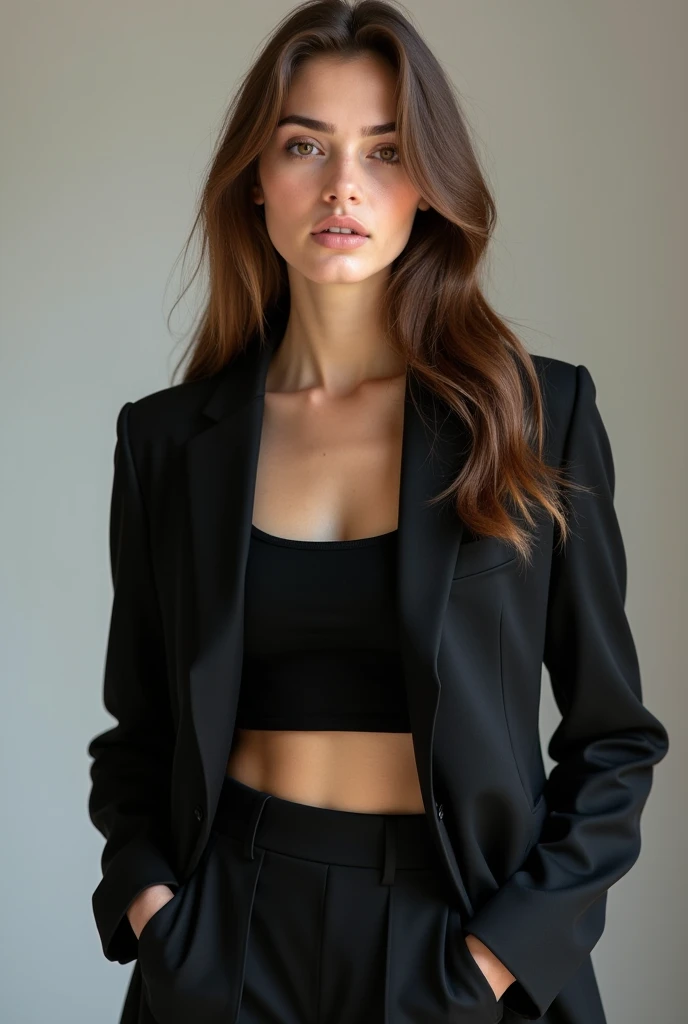 (high quality,photorealistic:1.37),(best quality,4k,8k,highres,masterpiece:1.2),portrait,beauty,female,youth,fashion,model,polished skin,perfect face,expressive eyes,detailed lips,(long eyelashes:1.1),dark hair,curly hair,(attractive:1.1),(charming:1.1),confident,stylish,(elegant pose:1.1),black lingerie,black suit jacket,black panties,sensual,photography,lighting contrast,vivid colors,subtle shadows,studio backdrop.