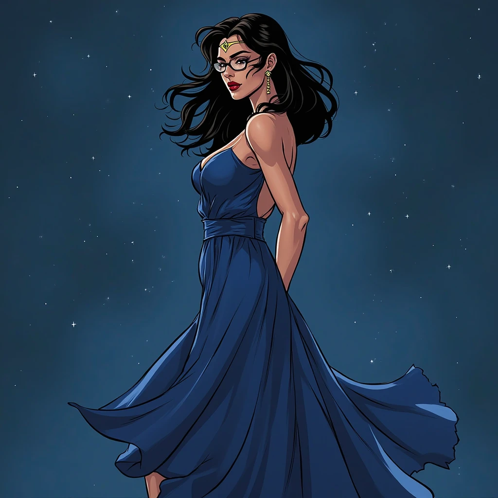 Extremely busty brunette photographer, college girl, fair skin, green eyes, long sexy hair, vintage style, soft face, athletic, ((gigantic , cleavage)), dark blue glitter dress, sequined sparkling dress, tight blue dress, long dress, off-shoulder, strapless, ((sleeveless)), cleavage, balcony, nighttime, (((Balsamique)))