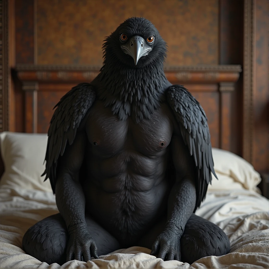 male anthro brown eagle, hi res, masterpiece, absurd res, 2023, extreme detail, lusty face, alluring pose, sexy strong blue eyes, feet, by oouna, spread legs, hand on crotch, tail, detailed feathered body, avian, romantic, dark bedroom, dark nipples, wings, looking at viewer, abs, pecs, black boxers