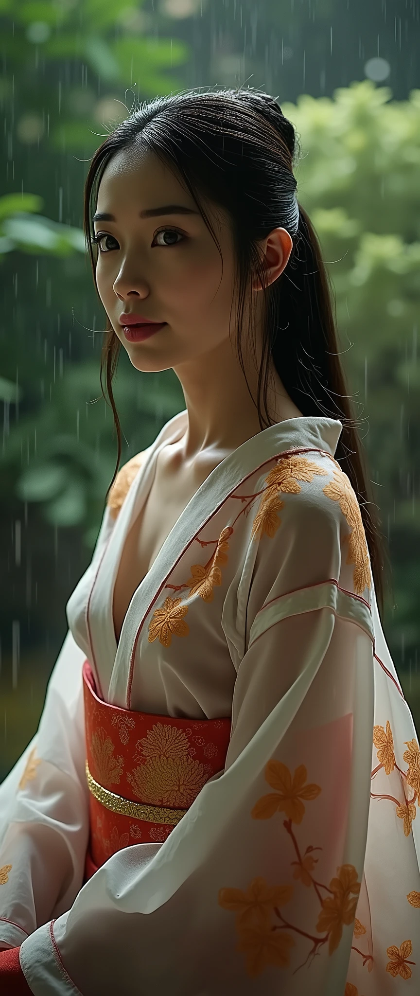 BEST QUALITY 、high quality of wavy lines 、 最high resolution、high resolution、8K quality、high image quality 、BEST QUALITY、 masterpiece 、Immersive video、 very realistic images 、Realistic painting、 perfect details 、 High Contrast 、High fidelity、 perfect picture without blur、Close to reality、 images reproduced in every detail、 detailed and realistic weapon 、 detailed and realistic human skin 、 realistic face down to the smallest detail、 Realistically detailed eyes 、 realistic lips drawn down to the smallest detail 、 Detailed and real teeth、Realistic ears、 Realistic hair 、detailed and realistic breasts、 Detailed realistic nipples、 Realistic areola drawn in minute detail 、 realistic nipples in every detail 、realistic female genitals in every detail、Detailed and realistic vagina、 detailed clitoris 、 realistic labia minora drawn in detail 、realistic anus drawn down to the smallest detail 、Realistic urethra drawn down to the smallest detail 、(((Hairy Pussy)))、((Japanese Models))、((gravure idol))、((Ayaka Kawakita))、((Young Face))、((black hair))、(( medium rounded chest))、((stylish body illuminated by moonlight ))、(((Wet skin all over)))、(((Nudes)))、((Deep in the forest))、(( traditional Japanese garden ))、((Rain clouds spreading across the sky))、((Heavy rain weather))、(( downpour))、((Stormy wind and rain))、(((transparent kimono with colorful flower pattern )))、((( downpourの中でリラックス( beautiful posture)))、(((Wet skin all over )))、(( rain dripping from her wet kimono ))、((( Her skin is clearly visible from under the wet kimono )))