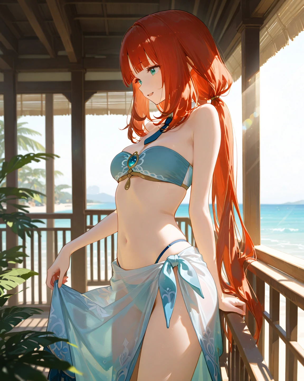 masterpiece, rich colors, Best quality, detailed, high resolution, Hyper quality, high detail, , high quality, detailing, skinny sexy girl on the beach , bright lighting , green eyes, Anime, palm trees, bright lighting, redhead,
