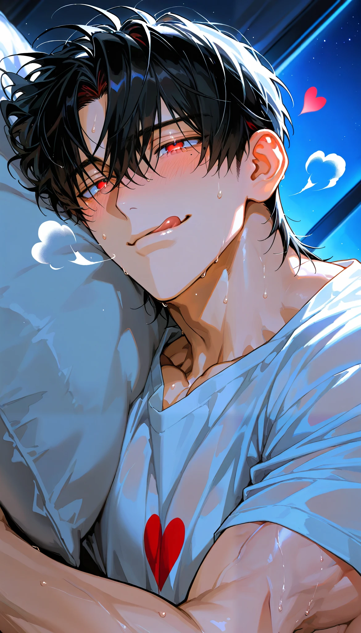 1male,alone, solo,black hair,mole under eye, (shocking red eyes), lie on the bed,handsome,night,smirk expression, licking lips, blush,sweat,one man,put your face on the pillow,come undone shirt,upturned eyes,teary eyes, (heart symbol floating in the air),((muscular man, handsome man))