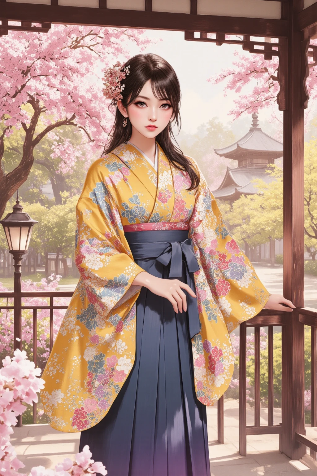 Quiet Japanese garden、Woman in a Hakama 、sparkling detailed black eyes、 dark hair、long hair、moist lips、cherry blossoms in full bloom、Pedestrian bridge、Pagoda、Ukiyo-e style、Hokusai inspiration、8k、complicated and detailed、pastel color schemes、Golden Hour、peaceful、quiet atmosphere、 ink art、best quality、masterpiece:1.4、high definition、isometric drawing