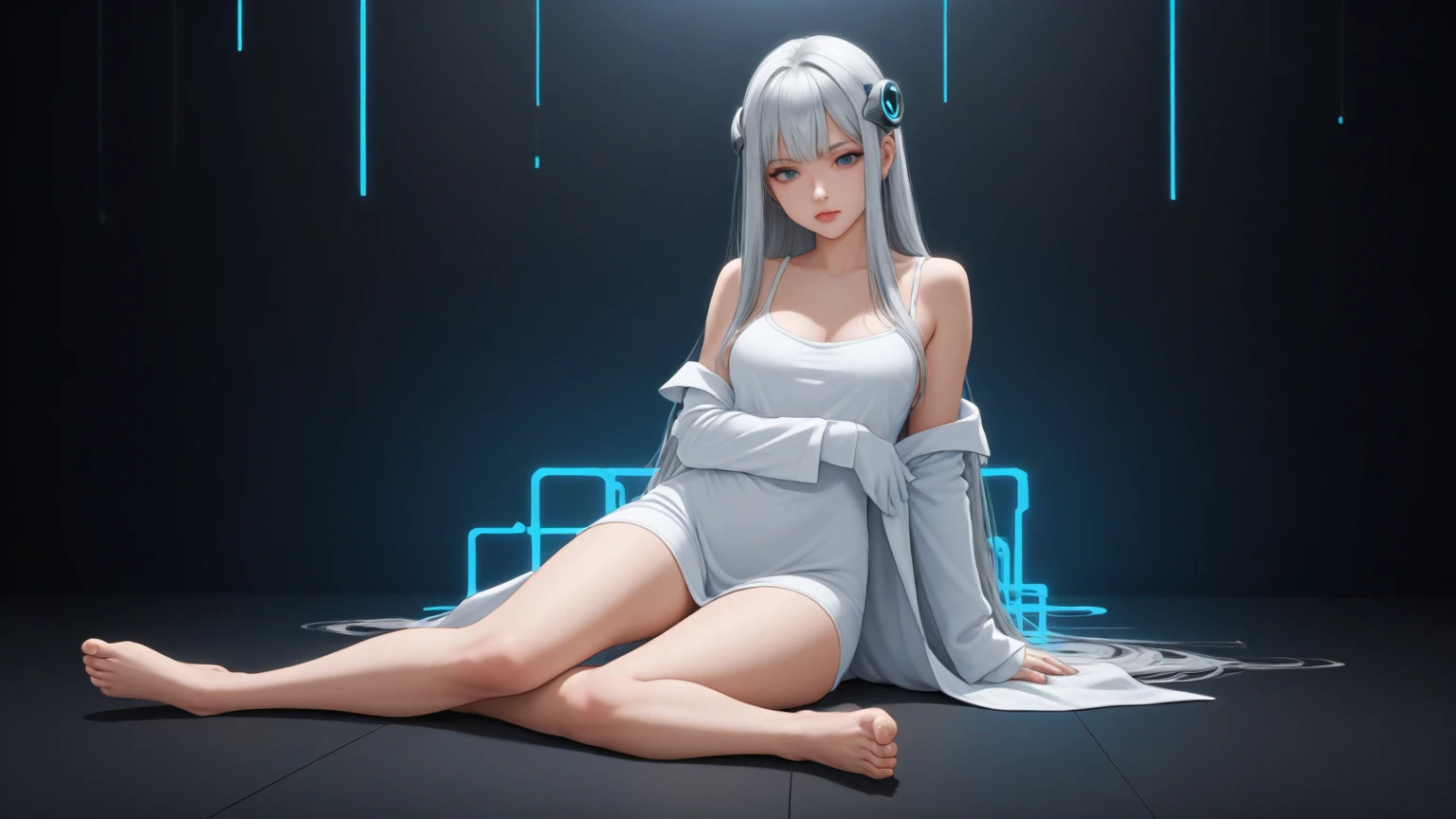 fullllbody, 1 girl, Floating Sitting Pose, ((Blue halo,)) White hair, ((Blunt bangs, Straight bangs)), ((Short hair)), ((hime-cut)), ((Bob Cut Hair)), ((Side Little Ponytail)), sad, Sniffle, White jersey, White tracksuit, Light blue harness on chest, Chest Harness, Belt on the chest, black fingernails, Fashion (((White skirt))), The skirt is white, Mismatched thigh high stockings, Cute blue wings on the back, With Band-Aid, bandaid, cleavage_cutout, inconsistency_legwear very, asymmetric_legwear very, Menhera