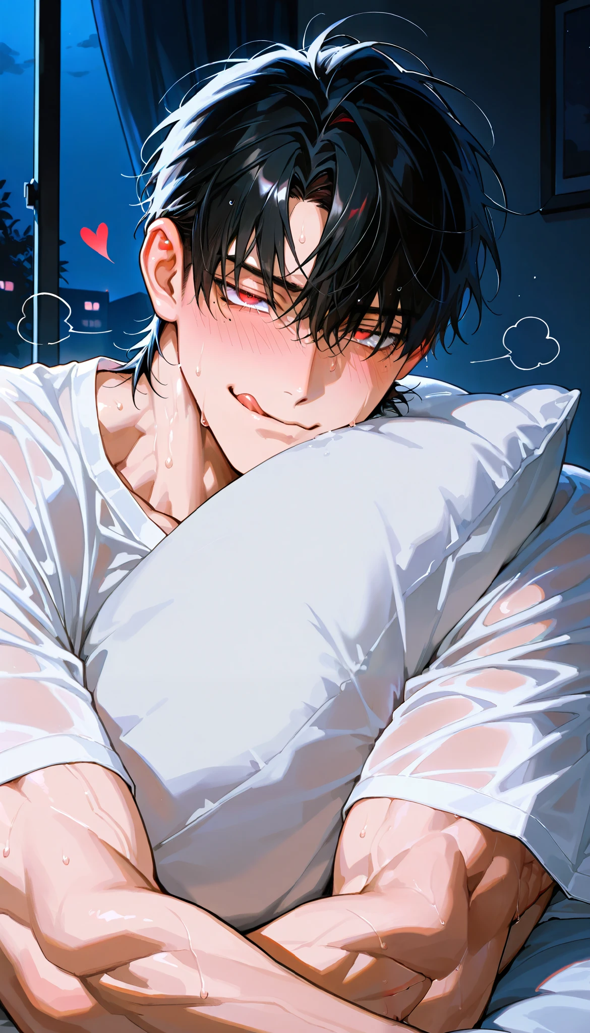 1male,alone, solo,black hair,mole under eye, (shocking red eyes), lie on the bed,handsome,night,smirk expression, licking lips, blush,sweat,one man,put your face on the pillow,come undone shirt,upturned eyes,teary eyes, (heart symbol floating in the air),((muscular man, handsome man))