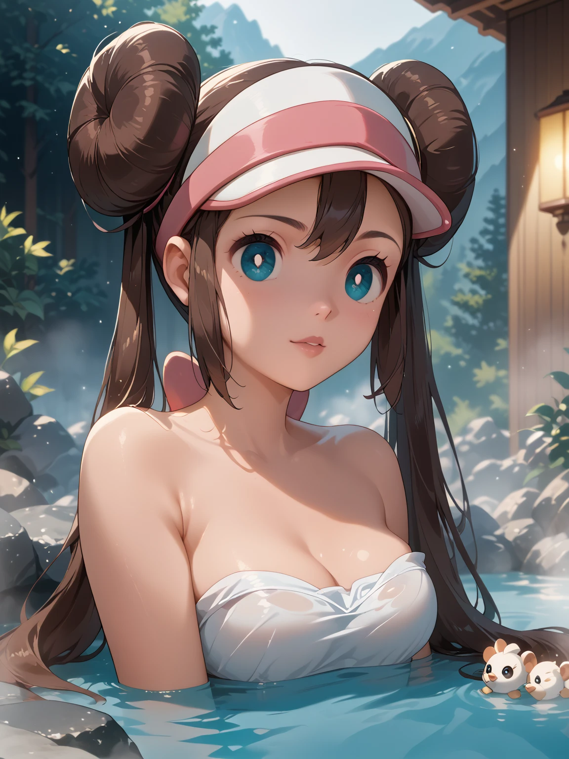 (masterpiece:1.2), (best quality), (ultra detailed), (8k, 4k, intricate),(full-body-shot:1), (highly detailed:1.2),(detailed face:1.2), (detailed background),detailed landscape, ((portrait)), (dynamic pose:1.2) rosa, brown hair, double bun, doughnut hair bun, hair bun, blue eyes, hair between eyes, twintails, 1girl, ((solo)), breasts, looking at viewer, smile, open mouth, shirt, ribbon, jewelry, medium breasts, white bra, white panties, nsfw, collarbone, hair ribbon, cowboy shot, hairband, bracelet, pink ribbon, hand on hip, index finger raised, poke ball, poke ball (basic), bow hairband,