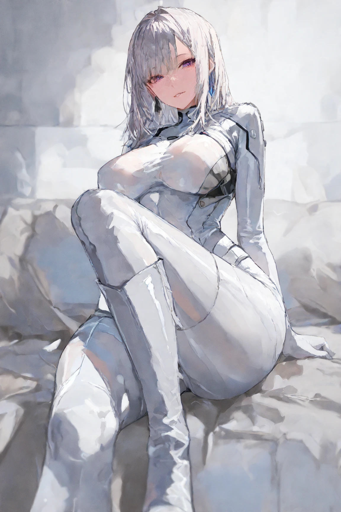 (Extremely detailed CG Unity 8K wallpaper, masterpiece, best quality), (Exquisite light and shadow, Very dramatic picture, Lens Effects), a girl in a white Spider-Man costume, Silver gray hair color, from the Spider-Man parallel universe, Wenger, Miracle, Spider-Man, Sitting on the sofa, Dynamic poses), (Excellent details, Excellent lighting, Wide Angle), (Excellent rendering, Enough to stand out among similar products), focus on white Spider-Man costumes, Complex texture，Small chest，Tear，Sexy