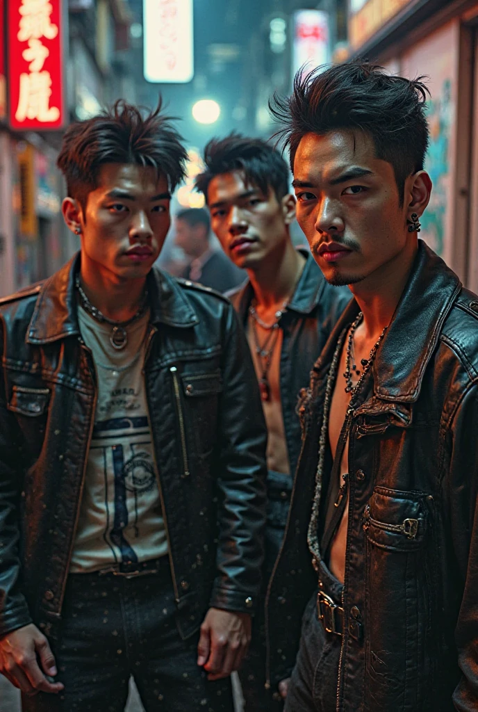 A group of extremely handsome young men, 15 years old, muscular, tattooed, wearing necklaces, high buns, gangster style, romantic, Hong Kong cinema, street scene. Their eyes are filled with sadness and desire to rise. Cinematic lighting, high detail, 8K, artstation, conceptual art, dark fantasy. Photo taken with a Canon EOS R5 85mm f/11 camera, ((sharp)) mode of people and surroundings. Image quality ((8K)), ((realistic)), ((masterpiece)), ((sharpest and highest contrast)), ((excellent depth of field)), ((stereoscopic lighting)). ((angry, ferocious)), detailed pores, ((Direct light on the face)), bright sunlight.