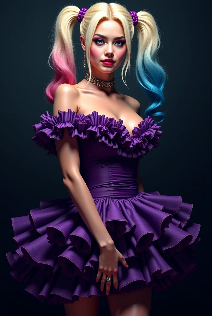 <lora:GoodHands-beta2:1> nice hands, perfect hands, <lora:add_detail:1>, ((masterpiece)), (best quality:1.7), <lora:HarleyQuinnModernv2:0.7> makeup, twintails, multicolored hair, blonde hair, blue eyes, full body, model posing, (((sexy, very revealing black, body-con dress, cut-out on her side, black, open-toe shoes)))