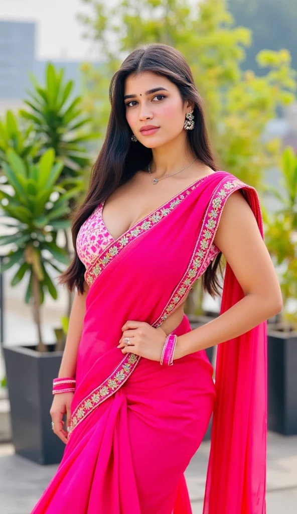 23 year old indian woman tette grandi capezzoli ritto viso sorridente, standing, seductive, , shoulder length black hair, thin eyebrows, fair skin, blushing cheeks, perfect body, big breasts, colour saree, cleavage, castle hallway, eye contact, seductive smile, high detail, feminine facial features, slim, slender, high resolution, real girl, realism, realistic, soft lighting, The perspective is from below, emphasizing the sheer majesty