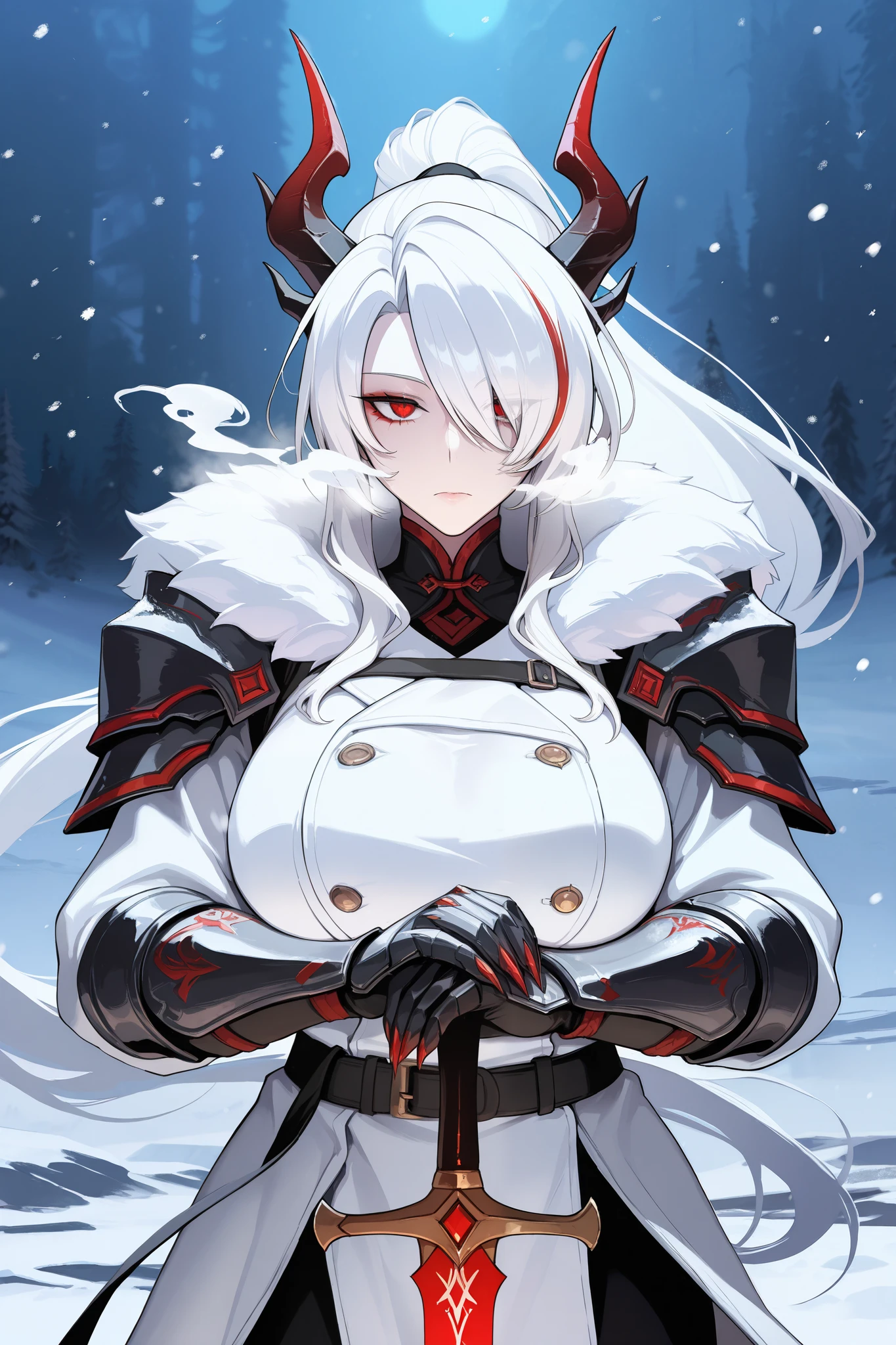 absurdres, (((Ultra HD))), (((Ultra High Quality))), ((hyper detailed)), ((Ultra High Resolution)), (Highly rendered), ((detailed eyes)), (((8K))), ((perfect face)), ((masterpiece)), cinematic, darkened, solo, 1girl, tall, white hair, long ponytail, straight hair, swept bangs, hair over one eye, dragon horns, red eyes, emotionless, large breasts, black trench coat, fur collar, shoulder armor, red accents, gauntlets, clawed hands, sword, holding sword, snow, Arctic region, nighttime, moonlight, snowing, heavy snow, blizzard, frost over clothes, cold breath