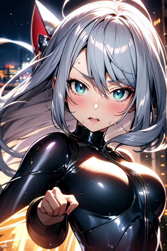 A dynamic series of drawings depicting a warrior girl with silver hair and blue eyes., 8K, ultra high resolution, super detailed, hd,(well designed face), Amazing face, (Super detailed), beautiful eyes, soft lighting,, outdoor, street,, urushisato,1980s,, Dense and beautiful eyes,mechanical parts, asymmetrical hair,thigh height, latex suit,cleavage,
