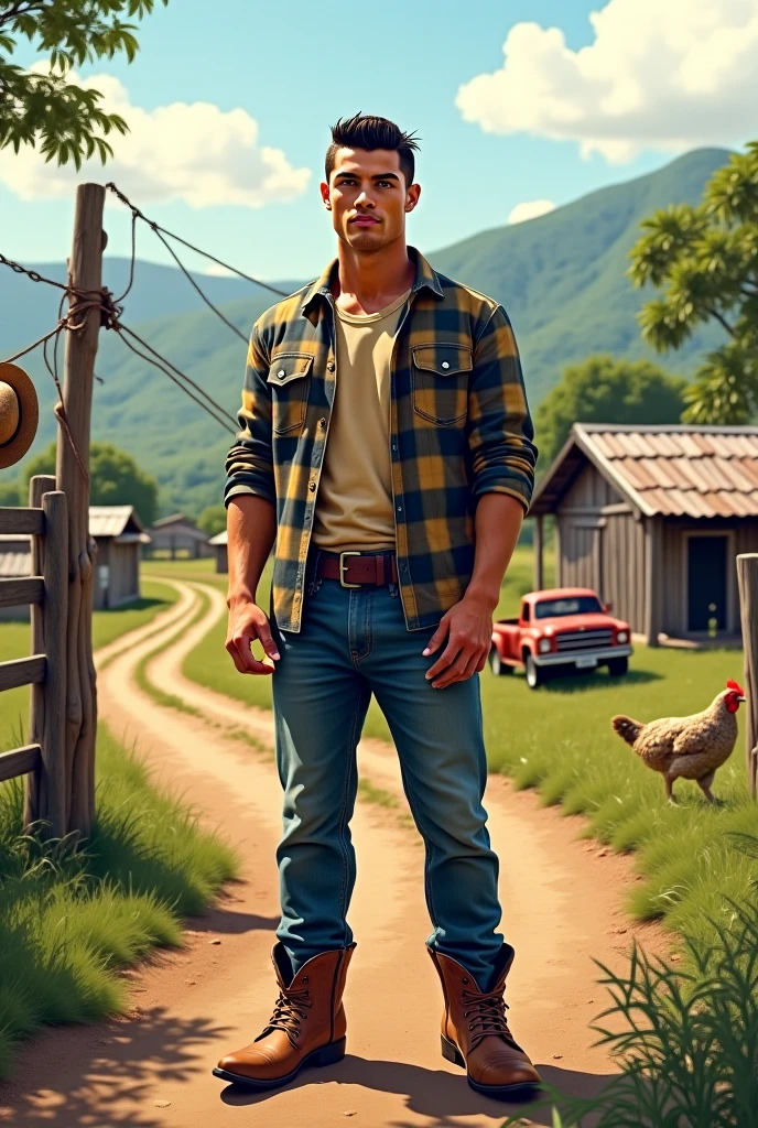 full body, 20 years old man, shirtless, barefoot, wearing jeans, wearing a toe ring beautifull, gorgeous, perfect realistic detailed muscles, muscled legs, adorable face, taller, masculine gaze, confident look, soft perfect white skin, barefoot, blue eyes, perfect anatomy, portrait, a painting of a young man Pencil Sketches by Albert Eckhout enchanting, standing gracefully beside a metallic orange Land Rover parked on a sun-drenched grassy field, with a stately plantation intense yellow house in the background fullcolor, sticker of a full body picture of a beautyfull young man, highly detailed beautyfull face, freedom, soul, digital illustration, approaching perfection, dynamic, highly detailed, watercolor painting, artstation, concept art, smooth, sharp focus, illustration in the style of artists like Russ Mills, Sakimichan, Wlop, Loish, Artgerm, Darek Zabrocki, and Jean-Baptiste Monge