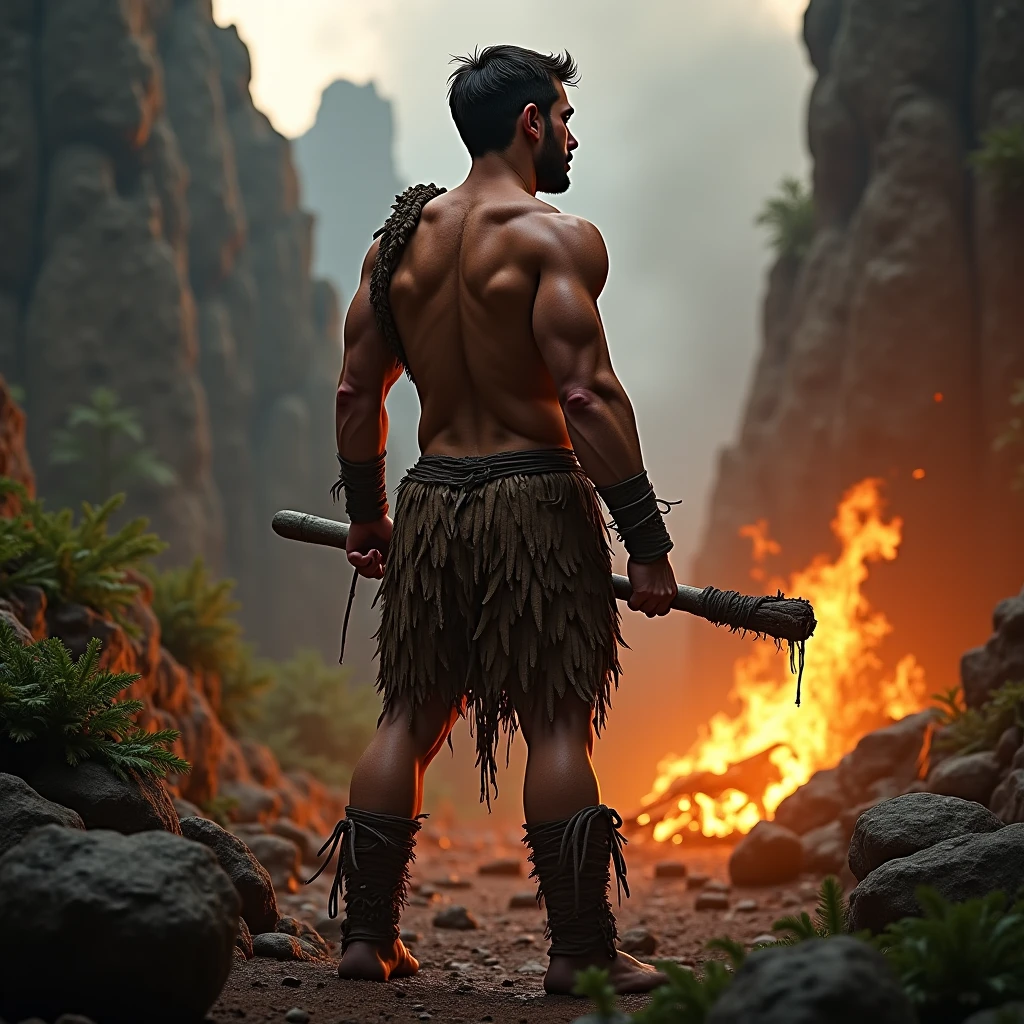 (1boy) (male) ((front view)) ((figure fills frame)) ((facing viewer)) Insanely Handsome, very detailed flawless face, detailed open eyes, very attractive and handsome, epic, heroic, (muscular) bodybuilder, ((big muscles)), ((large pectorals)), narrow waist, short messy hair. ((hairy chest)), ((hairy legs)). Wearing fur loin cloth, carrying a wooden spear. Emerging from a (partially dark cave) entrance. It is (night), the only source of light is a large campfire out of view. Highly detailed fantasy art, dramatic volumetric light, artstation, beautiful modern fantasy illustration.