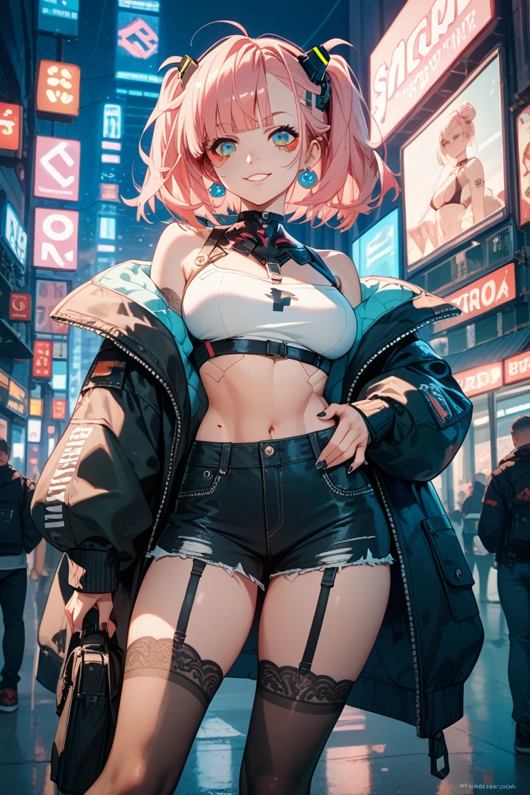 High quality、highest quality、complete limbs、Ultra high definition、Sparkling eyes、full finger、slender beauty、knee high、Wearing revealing clothes、cyberpunk style、near future、Bunny girl、goggles、pink hair、bob cut