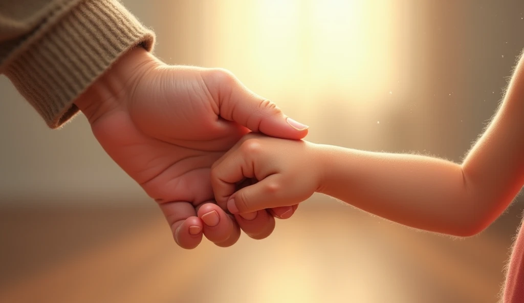 A close-up of a rugged man's hand, a slender woman's hand, and a 's hand connected against the background of a meadow. Natural light illuminates the hand, beautifully depicting the wrinkles and smallness of a baby's han