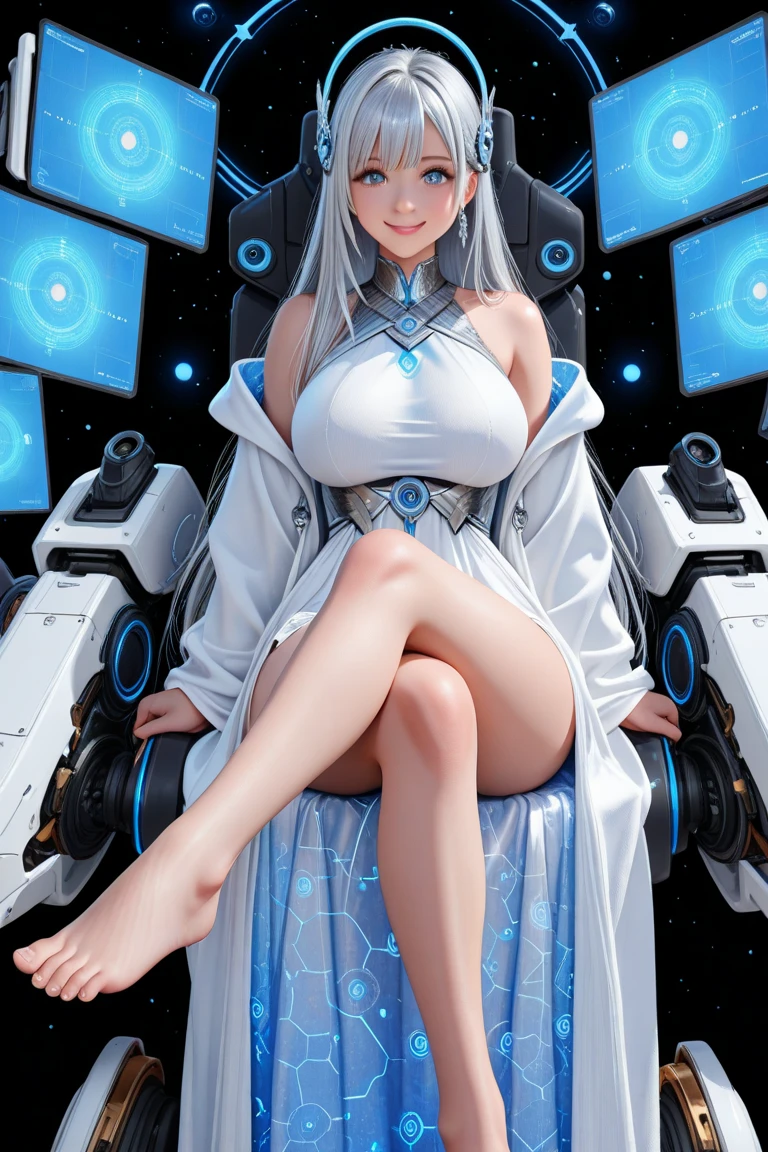 1 girl long blonde hair medium breasts, Transparent robe, sitting on the gaming chair, using computer, legs showing
