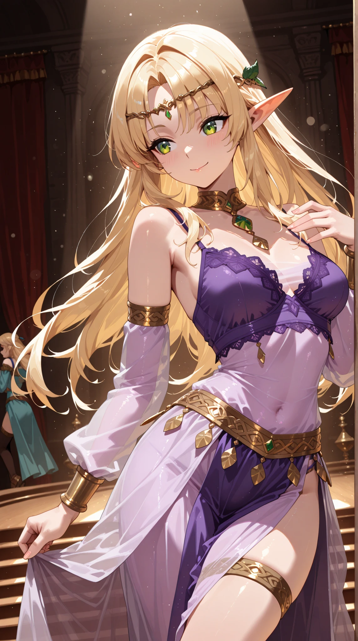 a Shy slave princess, flowers, lust, golden hair, purple dress, slave tattoo on her stomach