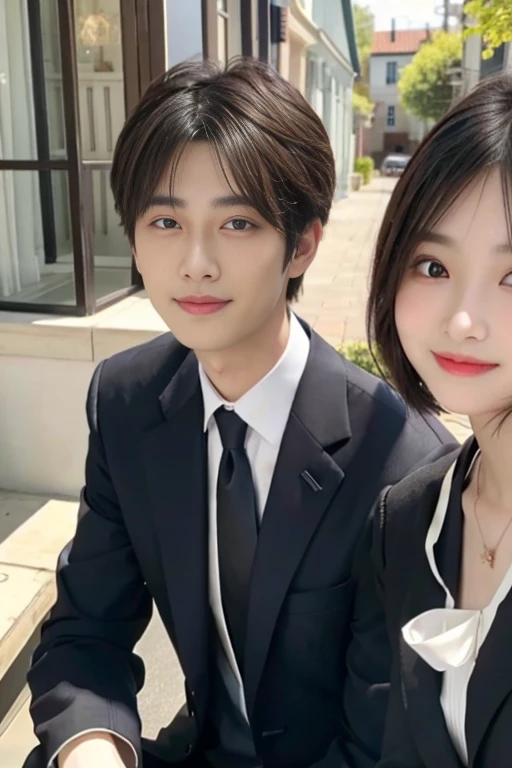 remaja tampan Indonesia berwajah korea, berambut model rambut berdiri ke atas,hitam, pakai pakaian jas hitam lengkap dengan sepatu, sedang bergandengan tangan seorang gadis cantik Indonesia seolah olah lelaki melamar pacarnya, wanita rambut pendek sampai rambutnya mengena bahunya. pakaian dres panjang warna merah berhias mutiara kecil, gadis tersebut tersenyum gembira melihat ke kamera, background di sebuah taman indah ada tanaman bu, gambar sangat jelas,nyata, realistis 64k