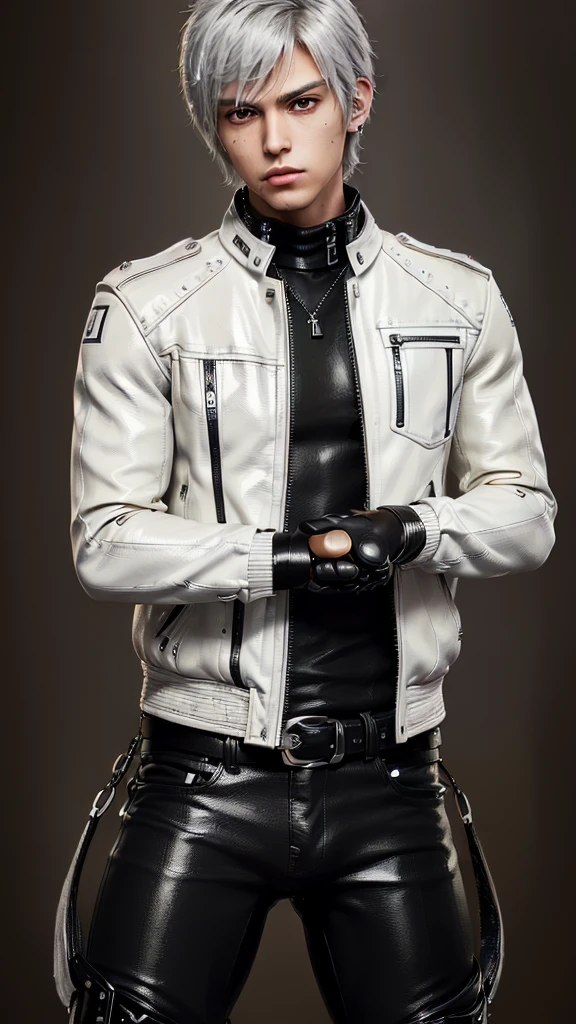 Final fantasy taste and reality graphics, Japanese young cute and cool ikemen  boy, his age is early 20s, thin eyebrows and beady eyes,  ((he wearing off white color leather  thick material jacket)), ((jacket is singlebrest)), biker style jacket, with epaulet, jacket is long sleeve, ((must close the front of the leather jacket)), , ((voluminous leather jacket)), ,((must jacket is high length and stand-up collar)) ((jacket collar with two belts)), ((jacket is a little black color line pattern)),((close the front of the jacket)), ((also wearing black thick material turtleneck lackluster shirts)),  ((tight black leather pants)),  ((must black leather tight and thin glove)), ((black leather knee-high raceup boots)),((must views  head-to-toe)),((must views whole body)), ,((Do not show skin from the neck down)),leather jacket leather glove and leather pants have few wrinkles,boy in the prison room, Avoid showing your innerwear,zip up jacket fastner.
Boy touching owns private parts with right hand.
Bous face is expression of ecstasy.
Boy is black hair.boy looks like fashion model.