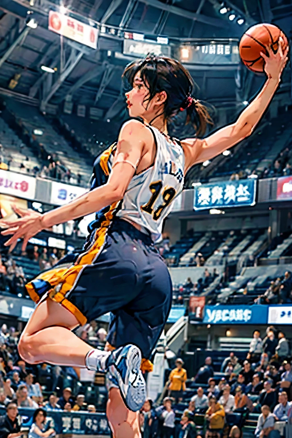 ((female basketball player))、detailed depiction of a young and beautiful girl、美しい顔のdetailedな描写、alone、(dunk shot scene:1.4)、(:1.4)、(jumpsuit:1.4)、(Goal post)、 close up、Motion blur 、dynamic angle、stadium lighting、blurring the background、8Kdetailed、(detailed、masterpiece、top quality)、