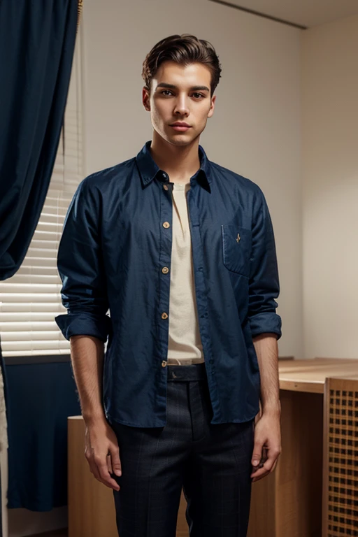 A cute, beautiful twink male with black hair and a face with makeup. He is wearing a white long-sleeved shirt and brown pants. He is in the Museum of Antiquities and Historical Books and is looking in amazement.
