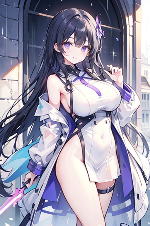 1girl, big breasts, long hair, solo, qipao, wariza, blush, black hair, see-through, outdoor, street view, half gloves, white stockings,