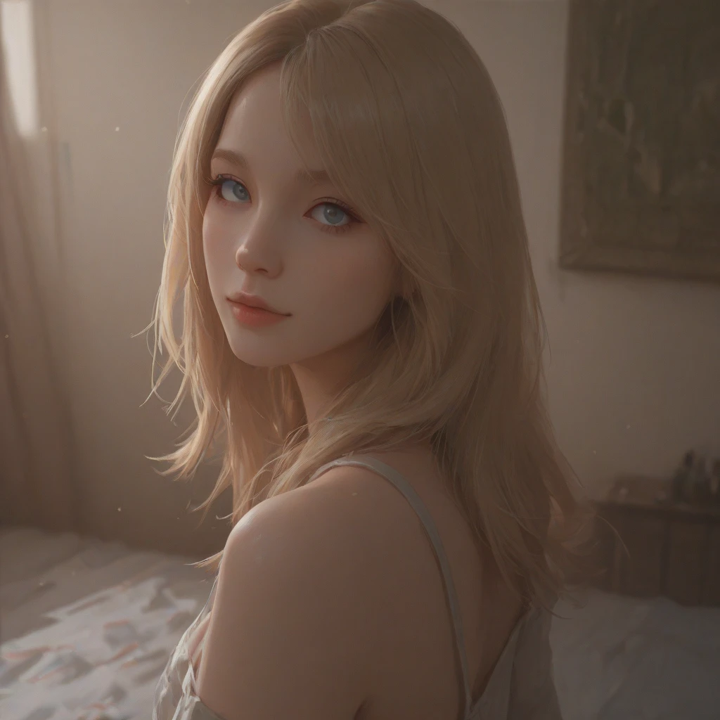(masterpiece, best quality, ultra HD, wallpaper, cinematic, photorealistic), ((American face)), ((medium shot)), short blonde hair, red seductive lips, ((her one eye is gently closed)), ((her lips are slightly parted)), ((laying on a bed with pillows)), ((sensual pose)), seductive girl, realistic shaded perfect body, beautiful alluring woman, soft lighting, 8k high-quality detailed art, digital illustration, detailed digital art