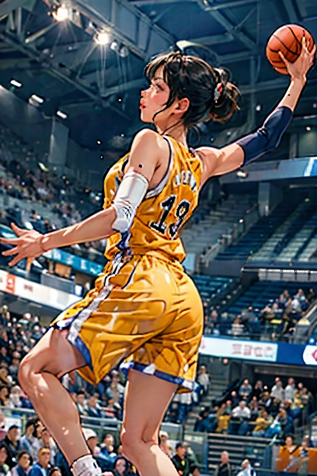 ((female basketball player))、detailed depiction of a young and beautiful girl、美しい顔のdetailedな描写、alone、(dunk shot scene:1.4)、(:1.4)、(jumpsuit:1.4)、(Goal post)、 close up、Motion blur 、dynamic angle、stadium lighting、blurring the background、8Kdetailed、(detailed、masterpiece、top quality)、