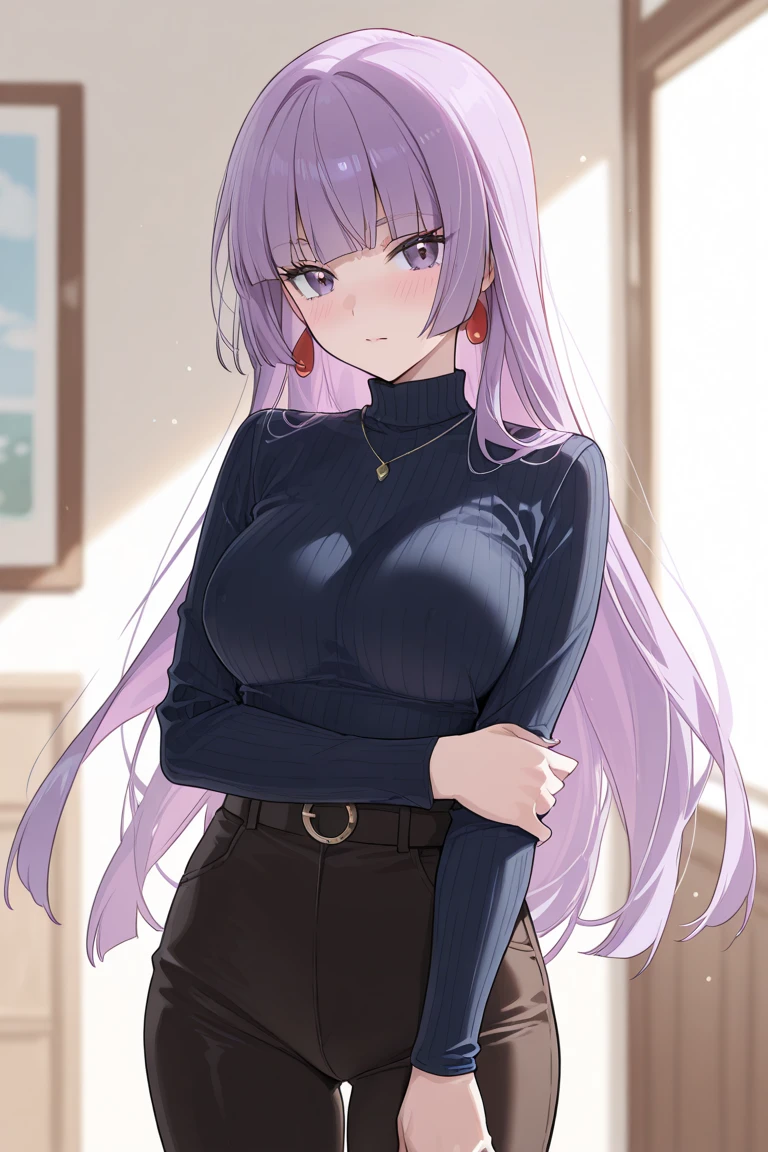 (Uhd, Masterpiece, Textured Skin, Super Detail, High Details, High Quality, Best Quality), 1woman, mature pretty woman, ultra-detailed face, detailed lips, full lips, wide hips, thick thighs, (big breasts), ((purple hair)), tall, Ribbed Sweater with a cropped black skirt, ((((Ribbed Sweater)))) + ((((black cropped long skirt)))), ((((Gal look + Gal Style + Gold Hoop Earrings)))), ((sitting in a chair inside a classroom) + (((((Head propped on the table sleeping with eyes closed))))):0.5
