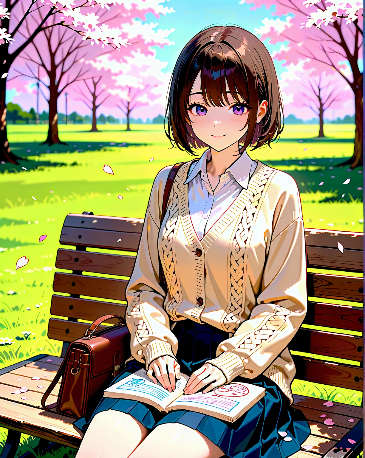 1 anime style girl, brown eyes, short brown hair with blue locks, sitting reading a book in a flowery square, super detailed