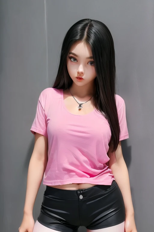 Blue leggings, girl, pink t shirt, headless, holding one's head with one hand, Navy blue hair in a ponytail, brown eyes