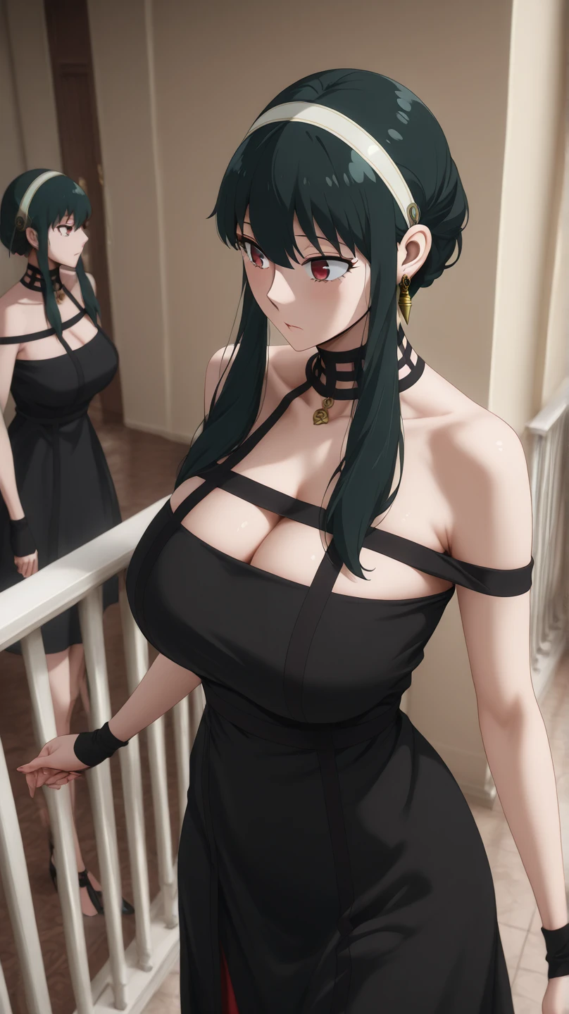 An anime-style artwork depicting yor from the anime spy x family
Tags: Yor Forger, black dress, holding, black hair, weapon, high heels, thighhighs, red eyes, two-sided fabric, high heel boots, boots, hair ornament, flower, two-sided dress, fingerless gloves, black gloves, hair flower, black footwear, gold rose, bare shoulders, black thighhighs, gold hairband, rose print, earrings, sleeveless, sidelocks, looking at viewer, bare shoulders, standing, earrings, short hair with long locks, jewelry, closed mouth, bangs, anime, detailed eyes, detailed lips, ass, 1girl, red eyes, (black hair:1.1), solo, huge breasts, smiling expression, intense gaze, dynamic pose, indoor, palace, vibrant colors, digital art, high-resolution, professional quality, gigantic breasts, cleavage), curvy, cowboy shot, (gigantic breasts: 1.4),