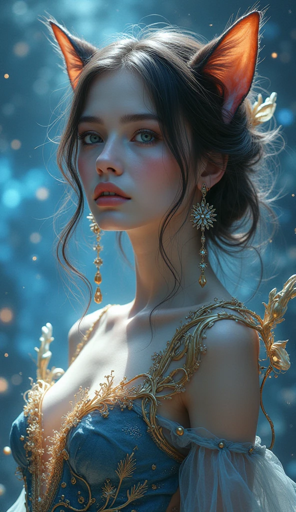 Cosmic 1girl, unearthly beauty, look at viewer, volumetric mystical light, exposed shoulders and neck, earrings, simple necklaces, there's a brooch in my hair, (8k detailed masterpiece, high brilliance in presentation, best possible image reproduction quality, best possible color depth, detailed depiction quality, excellent native resolution), epic scene, the image on the left seems to be shattered into small particles