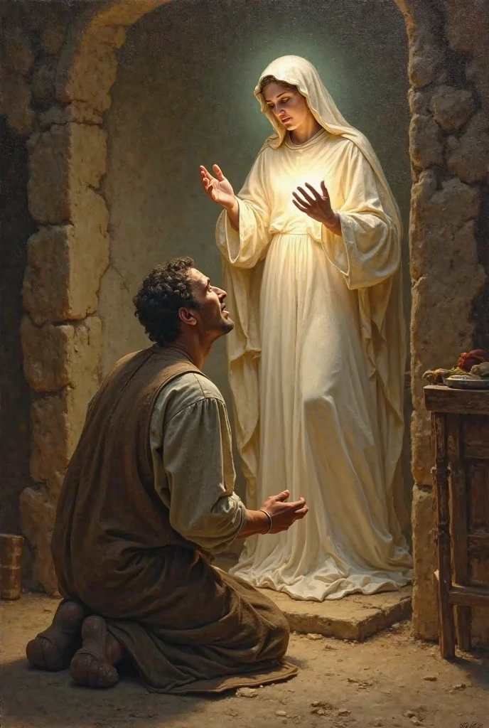 Saint Mary Mother of God Blessing a Firefighter Realistic Drawing 
