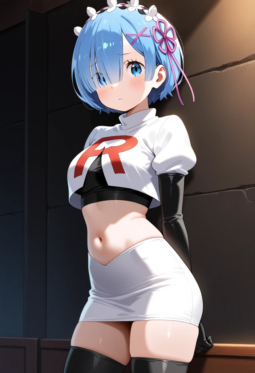 reiayanami, rei ayanami, blue hair, short hair, (red eyes:1.5), (small breast:1.2),
BREAK, headgear, team rocket,team rocket uniform,white skirt,red letter R,crop top,black thigh-highs,black elbow gloves
BREAK looking at viewer, (cowboy shot:1.5),
BREAK (masterpiece:1.2), best quality, high resolution, unity 8k wallpaper, (illustration:0.8), (beautiful detailed eyes:1.6), extremely detailed face, perfect lighting, extremely detailed CG, (perfect hands, perfect anatomy),