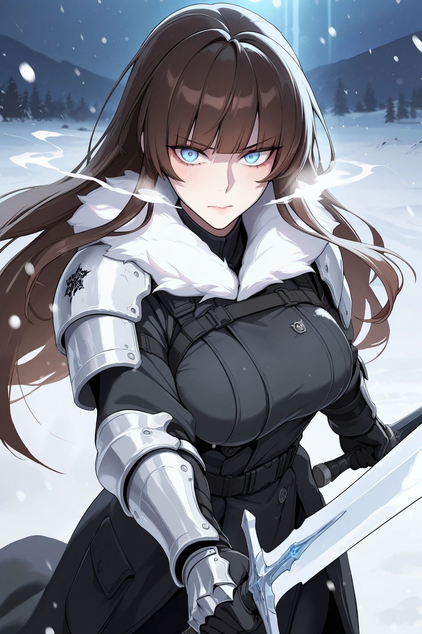 absurdres, (((Ultra HD))), (((Ultra High Quality))), ((hyper detailed)), ((Ultra High Resolution)), (Highly rendered), ((detailed eyes)), (((8K))), ((perfect face)), ((masterpiece)), cinematic, darkened, solo, 1girl, tall, dark brown hair, long hair, straight hair, blunt bangs, blue eyes, medium breasts, tactical clothes, black trench coat, fur collar, shoulder armor, gauntlets, sword, holding sword, snow, Arctic region, nighttime, moonlight, snowing, heavy snow, blizzard, frost over clothes, cold breath