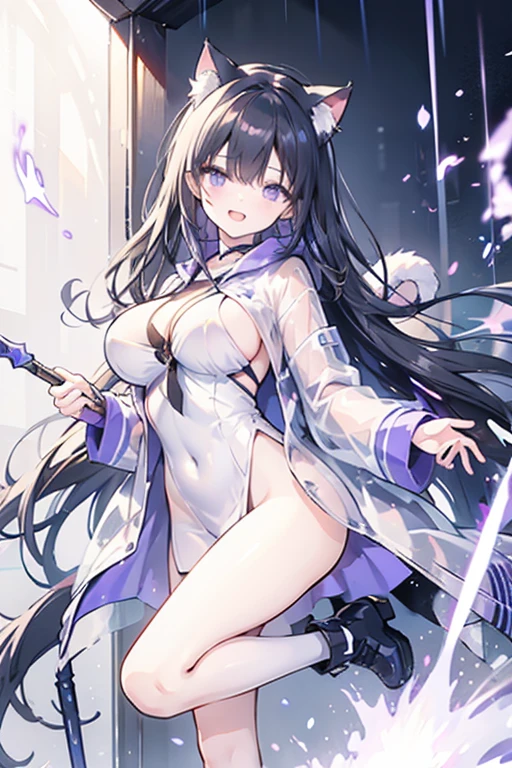 (highest quality, In 4K, 8k, High resolution, pieces fly:1.2),Super detailed,mature woman,,master piece, highest quality, super fine,maximum resolution, very detailed, sexy,beautiful eyes,nice&beauty,(witch,white leotard,bottomless, mage,thigh high socks,big breasts,cape,high-leg,)),braided hair,seductive thighs,code,black long hair,In a medieval castle,wind