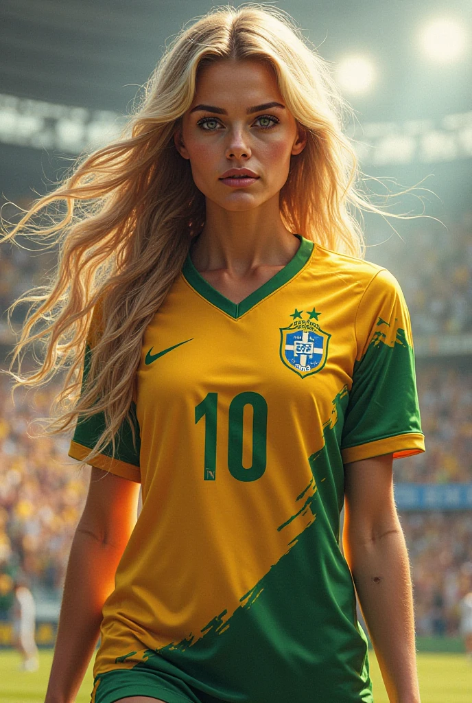 scarlet Johanson wearing the Brazilian national football team jersey