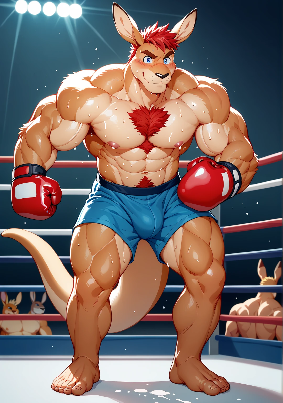bright red colored bara shark, white countershade, red skin, huge plump pecs, strong physique, tribal tattoos, scarlet samurai hair in ponytail, cyan colored eyes, black sclera, very muscular, perfect anatomy, scars on body, full body view in frame, masterpiece beard, strong jaw, thick thighs, giant biceps, muscular, shark tail, grin, amazing shading, full body, detailed hands, detailed eyes, detailed face, detailed arms,anthro, muscular, abs, (detailed:1.5), male, detailed background, by bozi, wearing leather jacket and jeans, in boxing stance, hand wraps, abstract background, by MANYU_ART, by darkgem, by sligarthetiger, by meesh
