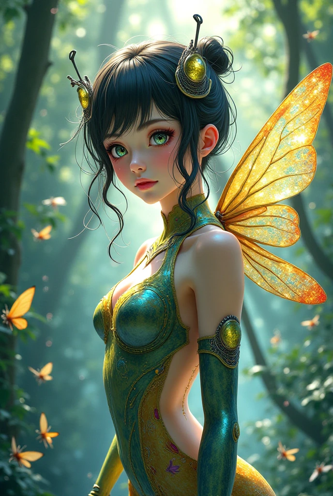 Faery with ((Insect wings)) that looks Verry Cute, sitting on Mushroom ,green under clothes, bare midriff, Holding A Big Leave as Umbrella